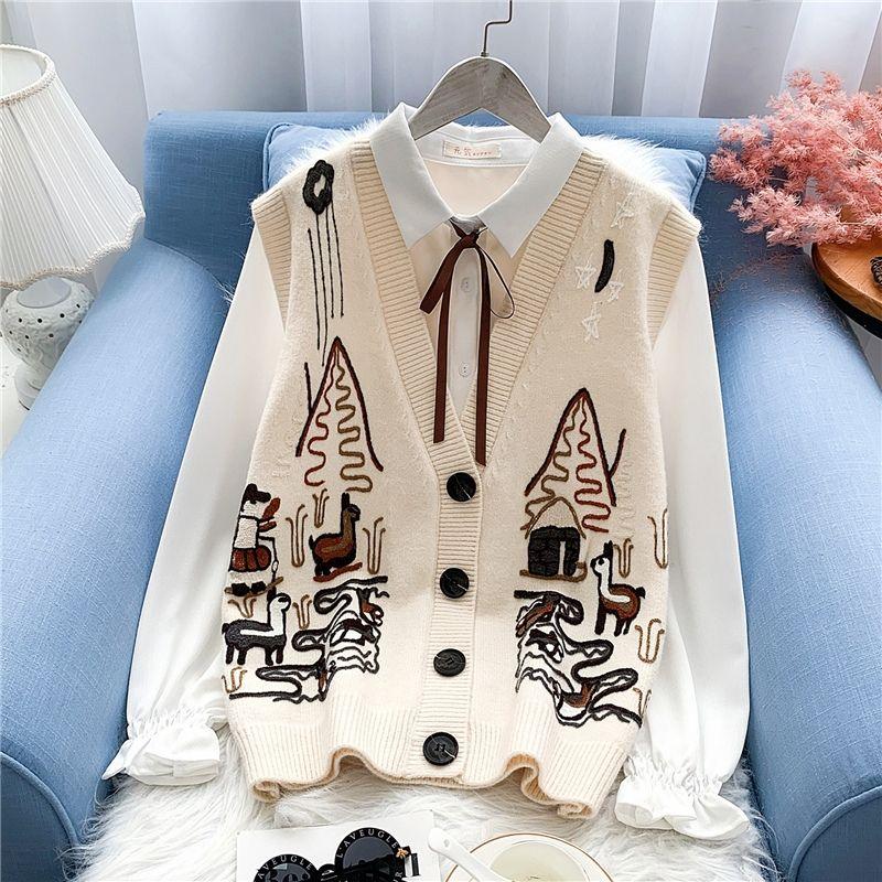 Spring  Autumn Knitted Vest Women Loose Knit Sleeveless Top V-neck Sleeveless Sweater Embroidered Cardigan Vest