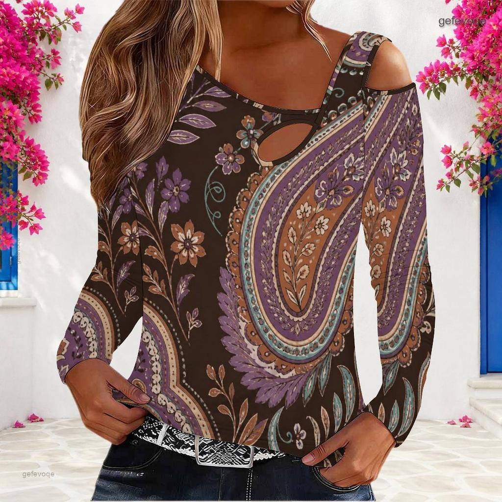 Women Plus Size White Blue Floral Paisley Printed Asymmetric Cutout Neck Cold Shoulder Long Sleeve Fitted Blouse