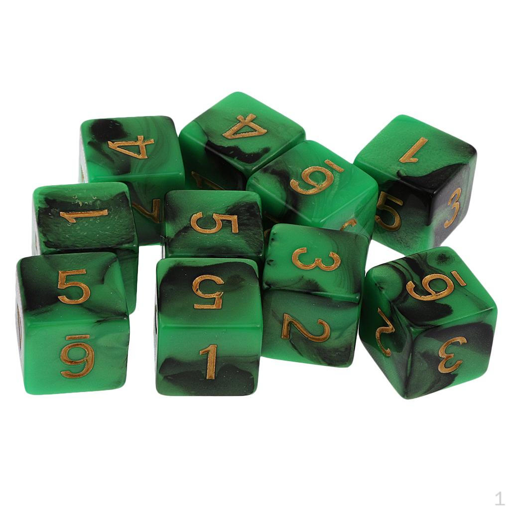 10 Pcs Six Sided D6 Acrylic for Board Game Card Table Games Green & Black