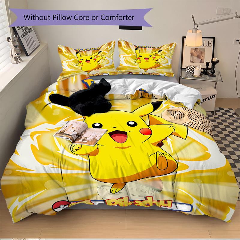 3pcs bedding set Pikachu Electric Includes 1 Comforter + 2 Pillowcases, Without Pillow Inserts, Soft Comfortable, Lightweight Breathable, Pr