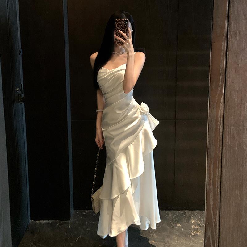 French Satin Suspender Skirt Temperament White Dress Women's New Summer Dress Elegant Irregular Fishtail Long Dress Dress