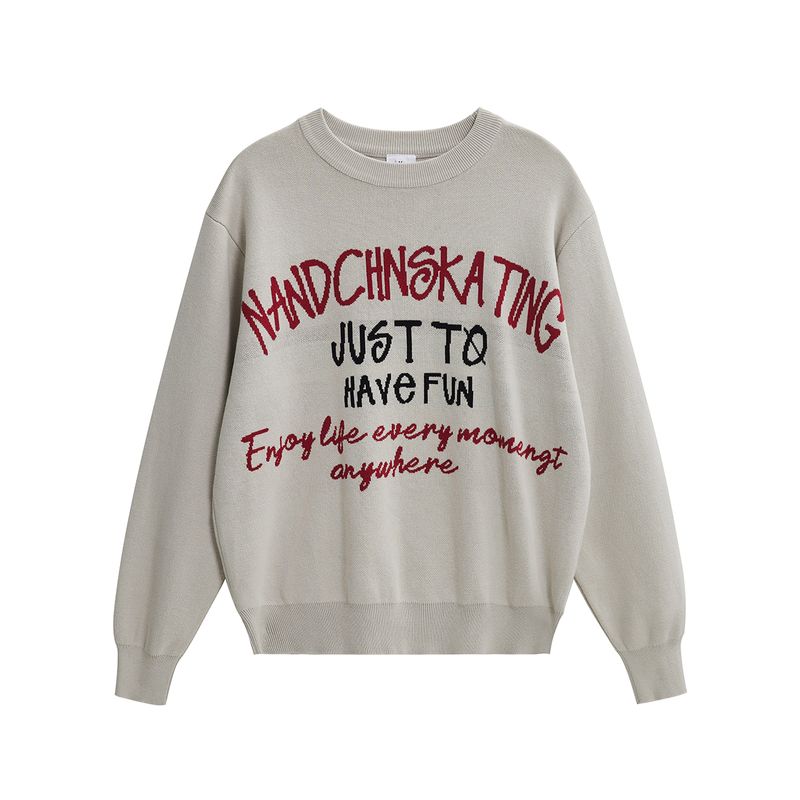 Men's American Retro Street Style Letter Jacquard Crew Neck Sweater, Men's Lazy Style Loose Pullover Knitwear for Couples