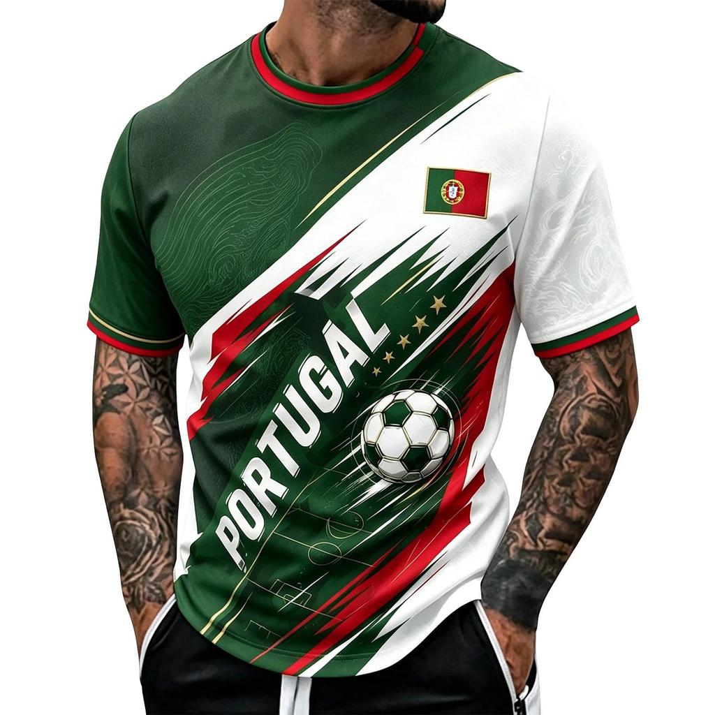 Men's Round Neck Short Sleeve Soccer with Football Print for Casual Wear