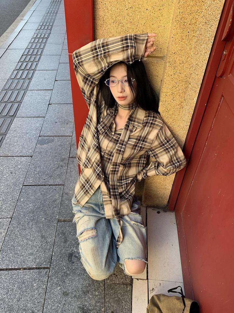 Stylish Spring 2026 Korean Plaid Scarf Shirt - Women's Loose Long Sleeve Top