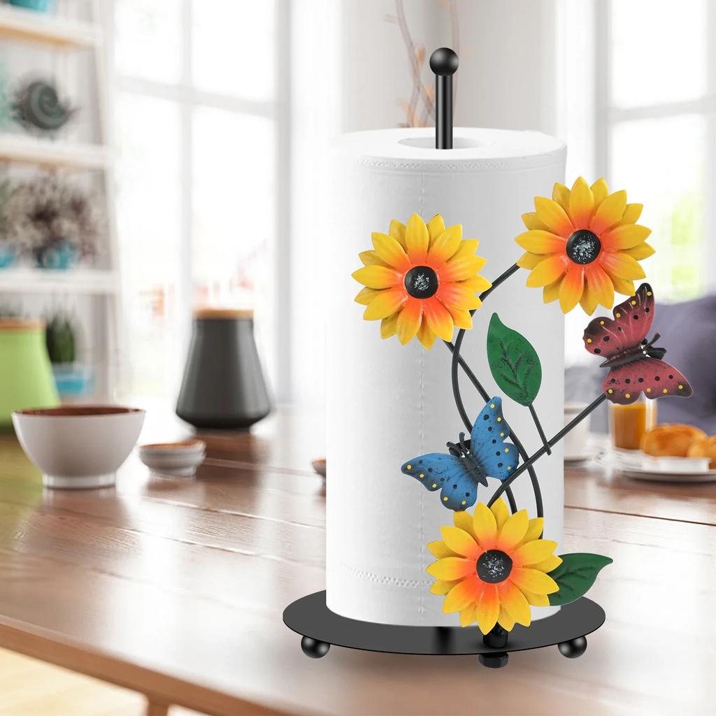 Sunflower Paper Towel Holder Iron Art Sunflower Kitchen Roll Stand Lifelike Butterfly/Bee Paper Towel Stand Decorative Standing