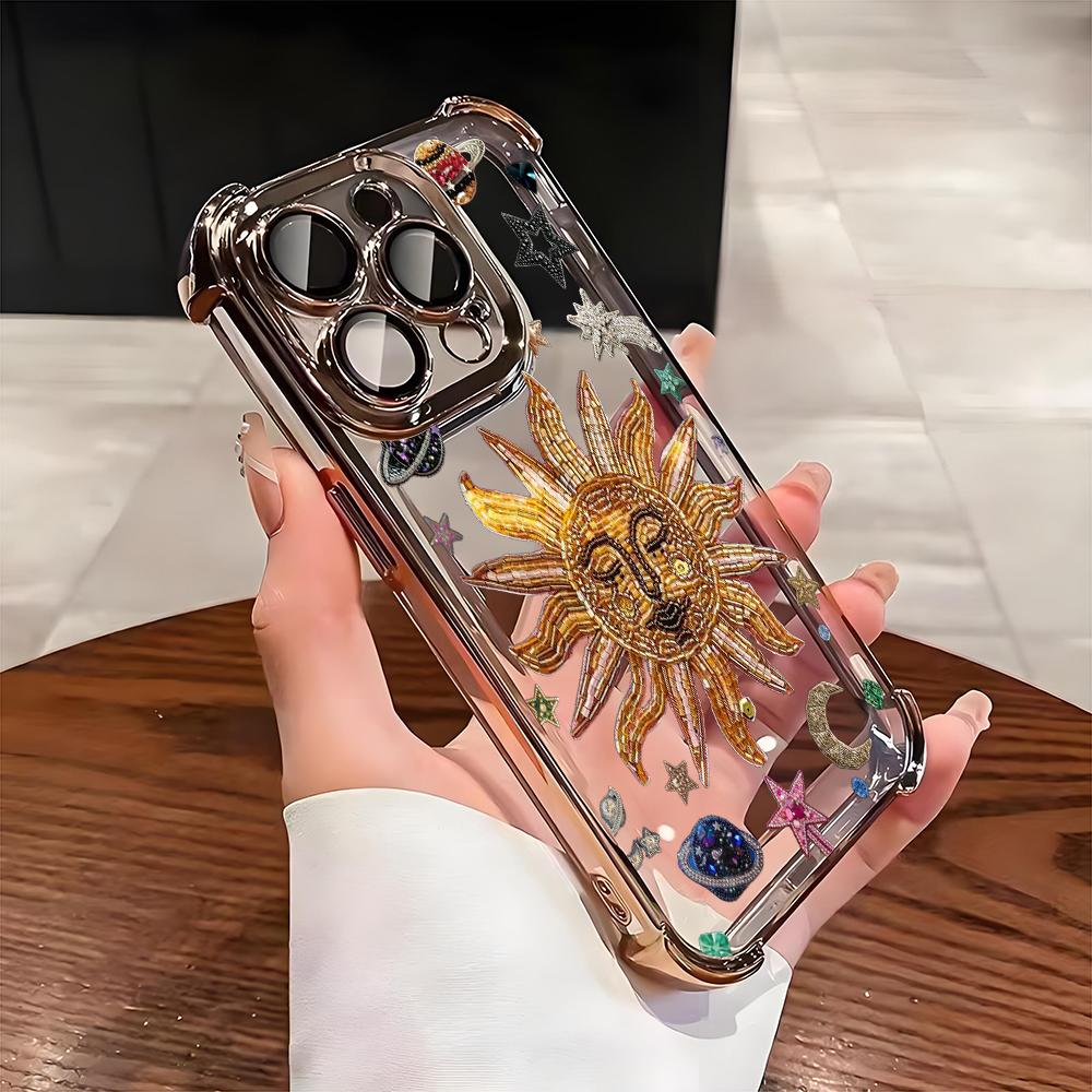 Retro Sun Star Pattern Electroplate AntiDrop Phone Case For iPhone 16 Pro Max 15 14 Plus 13 12 11 17 Air 16E Transparent Cover