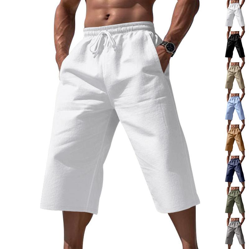 Breathable Lightweight Men Linen Cropped Capri Pants, Elastic Waist Drawstring Wide Leg 7/8 Shorts, Multi Color Casual Beach Pocket Trousers
