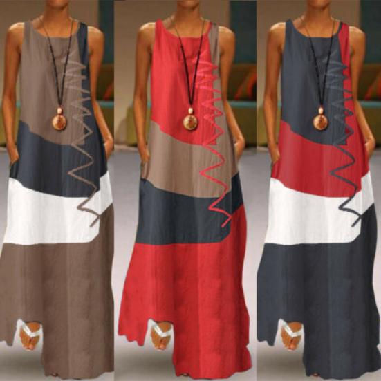 Damen Vintage O-Ausschnitt Ärmellos Color Block Wellenlinie Taschen Langes Lockeres Kleid