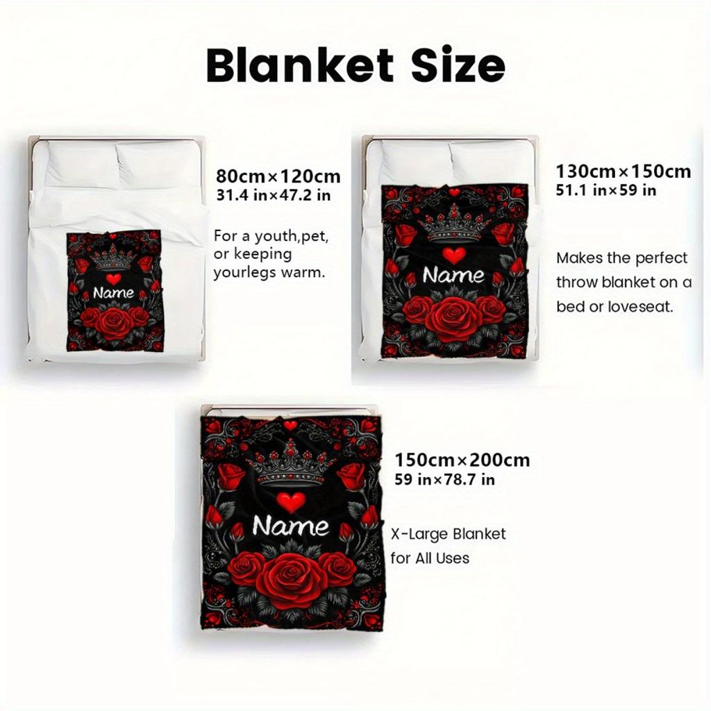 Custom Crown And Rose Blanket Personalized Name Soft Fleece Throw Blanket For Women Girls Bedroom Sofa Decor Gift