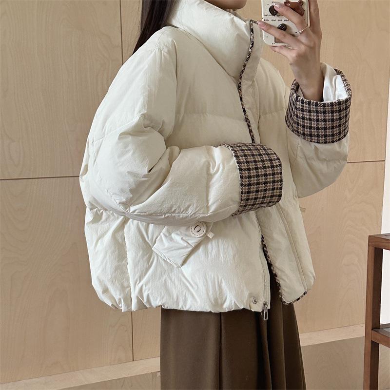 Design Sense Kurze Daunenjacke Damen Brotjacke Tausend Vogelgitter Spleißen Winterjacke 2024 Winter Neu