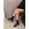 Retro British Style Slip-On Loafers Women's Black Shoes Leather Patchwork round Toe Thick Heel Autumn Winter New Arrival