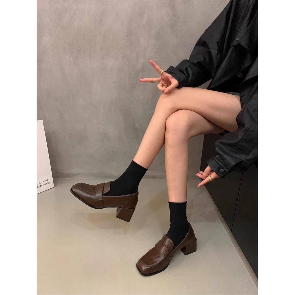 Retro British Style Slip-On Loafers Women's Black Shoes Leather Patchwork round Toe Thick Heel Autumn Winter New Arrival