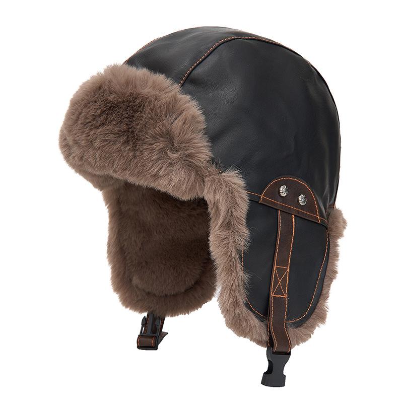 PU Pilot Bomber Hat Men Autumn Winter Warm Plush Thick Cycling Windproof Ear Protection Cap