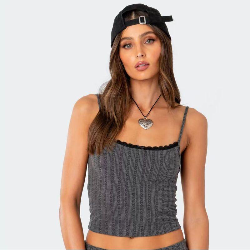 

Edikted Sexy Mesh Homewear Vest Lace Trim Small Bowknot Details Low Waist Hollow Shorts Suit Gray vest S