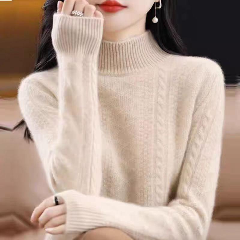 Half Turtleneck Sweater Thickened Knitted Sweater for Women In Autumn and Winter Solid-colored Top and Loose Warm Pullover
