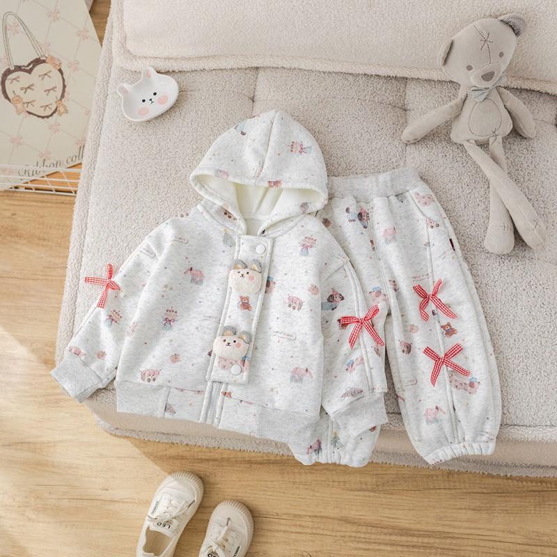 Girls Cartoon Bear Fleece Set Cute Bow Hoodie Pants Winter Outfit Kids Warm Clothing