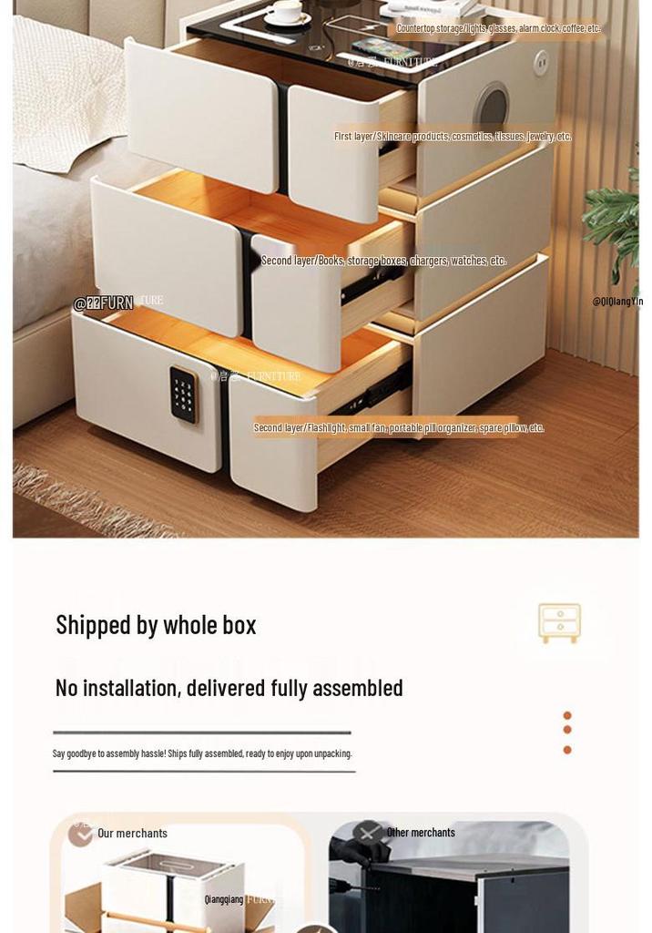 Solid Wood Smart Bedside Table with Wireless Charging, Modern Minimalist Design, Three-Layer Storage, Floor-Standing for Small Apartments.