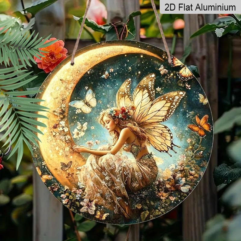 2D Flat, 1pc Enchanted Fairy On Crescent Moon Aluminum Wall Art - Whimsical Butterfly Amp; Floral Design, HD Printed Round Metal Sign for Home Decor