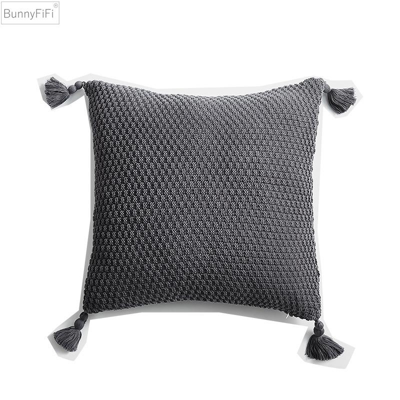 Neue Geometrische Gestrickte Kissenhülle Vintage Grau Kissen Elfenbein Quasten 45cm*45cm Weiche Heimdeko Kissenbezug