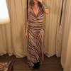 Vestido Maxi de Mujer sin Mangas a Rayas Cuello Drapeado Multicolor Fruncido Bodycon Abertura Alta Gasa Vestido Sexy para Fiesta de Noche Verano