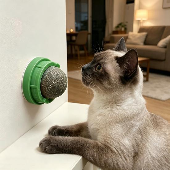 2Pcs Catnip Cat Lick Balls Rotating Catnip Ball Cat Toy Safe Healthy Kitten Chew Toy with Adhesive for Wall or Floor Cats Licking Chewing Play