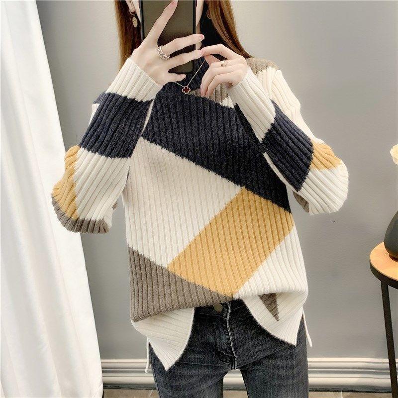Modischer dicker warmer Pullover für Damen, Herbst und Winter, Strickpullover mit halbhohem Kragen
