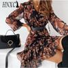 HNXC Women Summer Chiffon Floral Print V Neck Long Sleeve Slim Fit Flouncing Dress