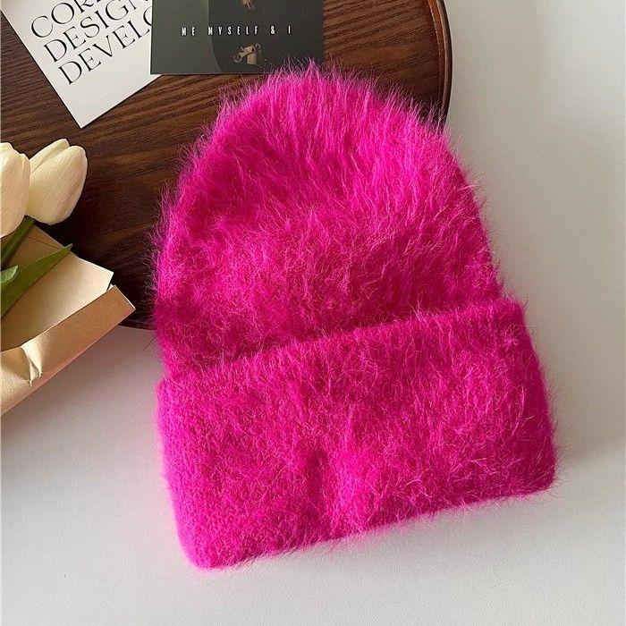 Women Winter Soft Faux Mink Fur Knitted Beanie, Japanese & Korean Style Warm Thick Cashmere-Like Rolled Edge Hat, Cozy Fluffy Purple Knit Cap