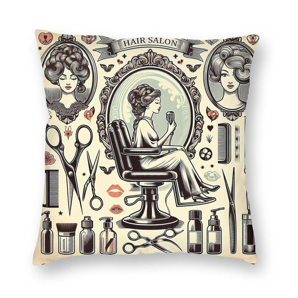 Vintage Hair Salon Square Pillowcase Polyester Linen Velvet Pattern Zip Decorative Sofa Seater Cushion Cover x