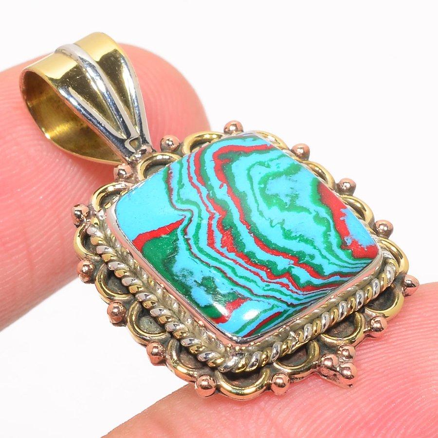 Natural Rainbow Calsilica Two Tone 925 Solid Sterling Silver Pendant 1.25'' t4C76