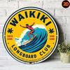 Vintage Waikiki Longboard Club Metal Sign Round Surf Wall Art Iron Beach Home Decor