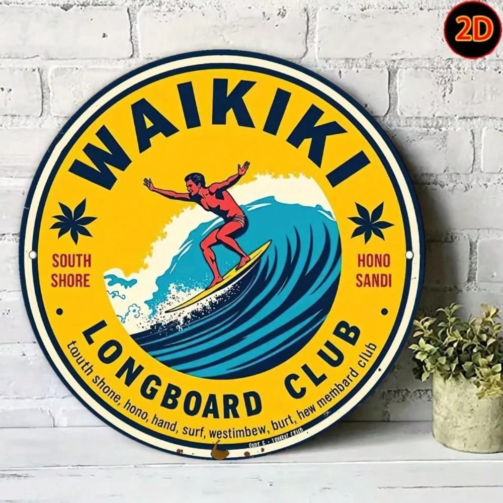 Vintage Waikiki Longboard Club Metal Sign Round Surf Wall Art Iron Beach Home Decor