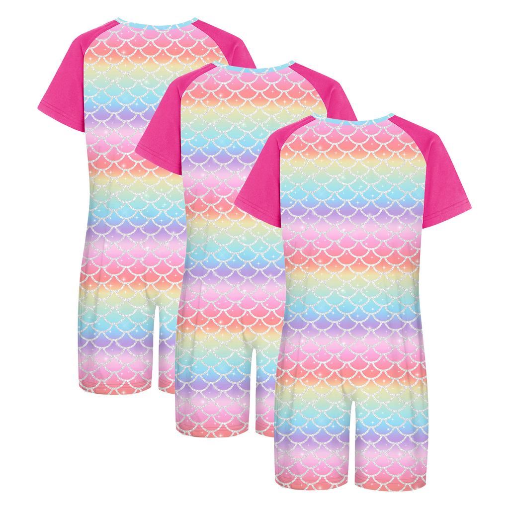 3 Peças Macacão Adaptativo Anti-Rasgo Infantil Gola Redonda Manga Curta Estampado com Zíper Invisível nas Costas para Meninos Meninas com Necessidades Especiais