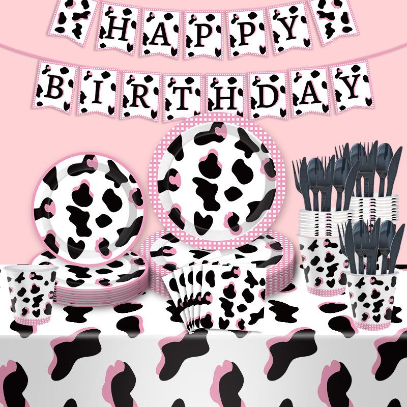 Pink Black Cow Birthday Party Tableware Disposable Paper Plate Paper Cup Paper Towel Children'S Birthday Party Supplies