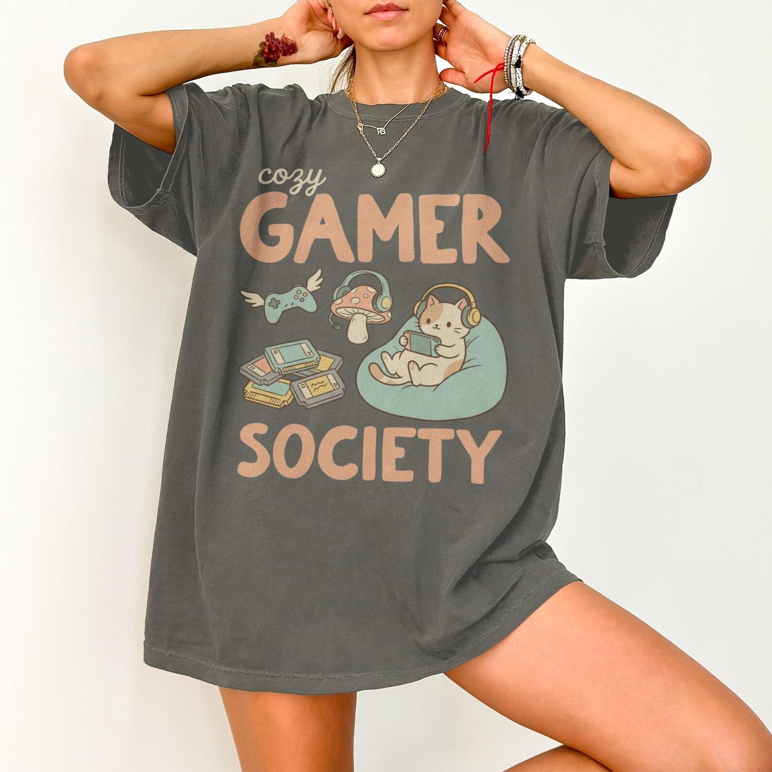Cozy Gamer Society T-Shirts Comfort Colors Cat T-shirts Retro Gaming Gift Video Game Merch Cozy Gaming Apparel Cute Cat Shirt, Gamer Girl 4XL