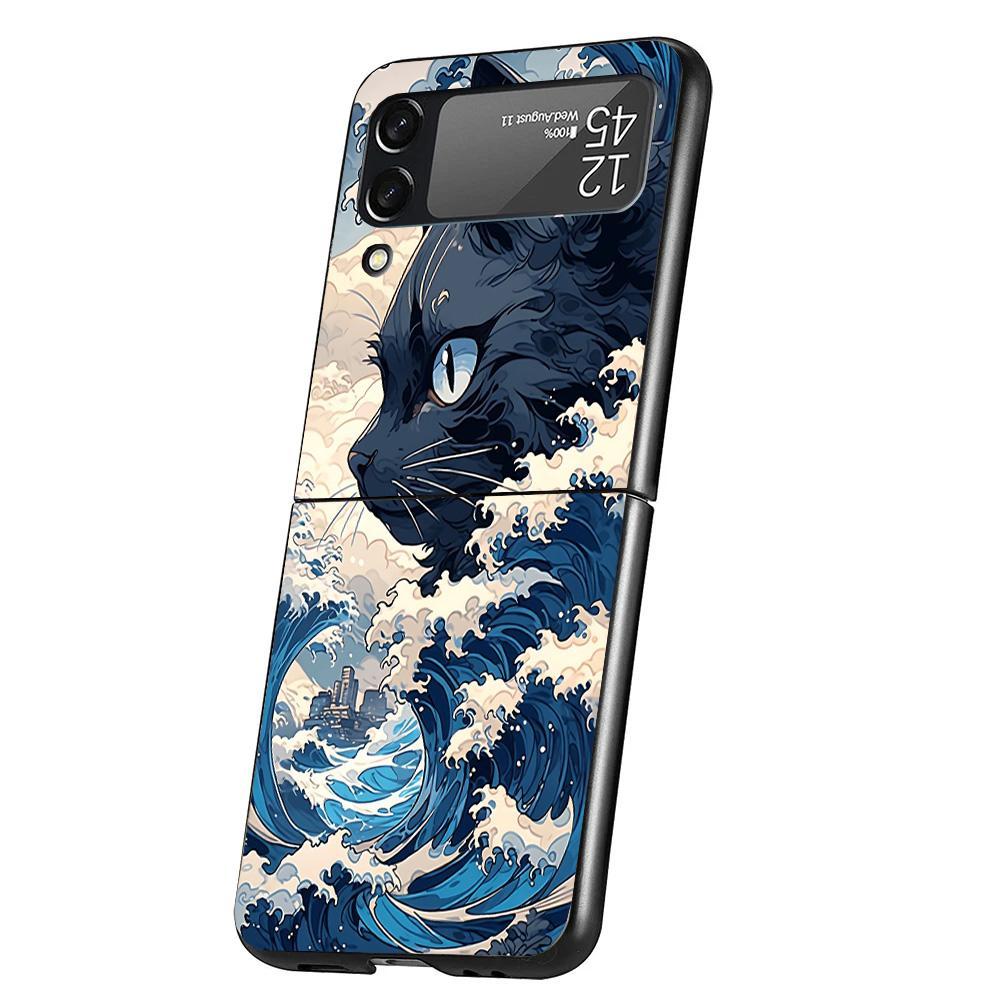 Anime Cat Sea Wave Aesthetic Cover Phone Case For Samsung Galaxy Z Flip 7 6 5 4 3 5G Flip7 Flip6 Flip5 Flip4 Flip3 Black Fundas