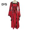 Damenkleid im mittelalterlichen königlichen Stil, mit Schnürung, Kapuze und Fledermausärmeln, Maxikleid mit Taillenbesatz, quadratischem Kragen, Bühnenauftritt, Halloween, Renaissance, Cosplay