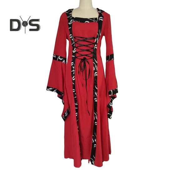 Dámské šaty Středověký královský styl Šněrovací Netopýří rukáv s kapucí Maxi šaty Obvod pasu Čtvercový límec Pódiové představení Halloween Renesanční cosplay