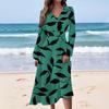 Women's Casual Fashion Floral Print V-neck Long Sleeve Waist Long Dress
