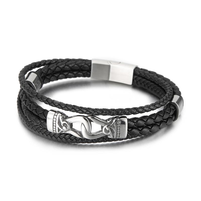 KALEN Mens Stainless Steel Vintage Charm Leather Strand Bracelets Bangles 21cm