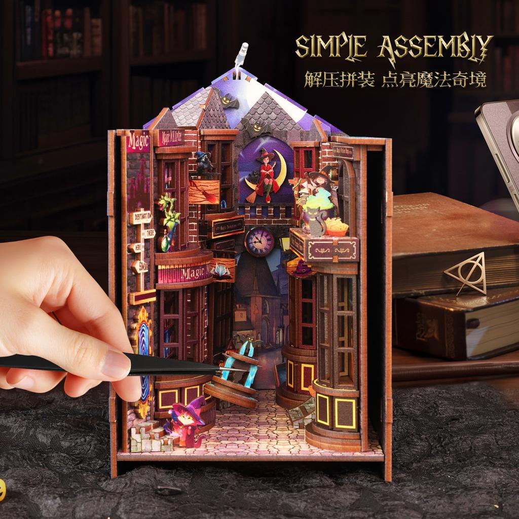 Jiate DIY Miniature House Magic Alley 3D Puzzle Book Nook Kit Model Building Birthday Gift