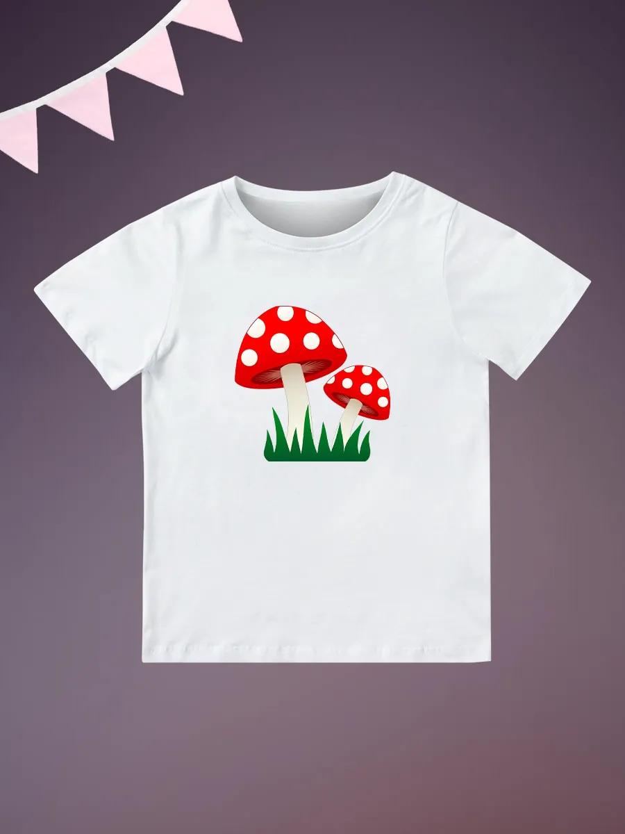 Round Neck Printed Pattern Pullover Short Sleeve Kids Tops Fly Agaric Mushrooms 120
