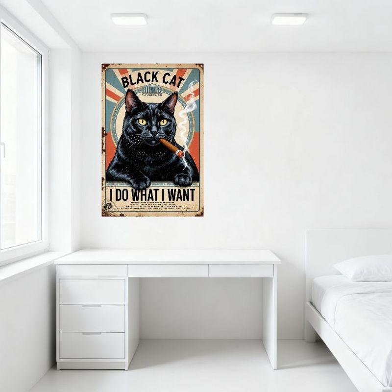 Vintage Black Cat with Cigar Tin Sign, Radial Red White Blue Stripes, 'BLACK CAT' 'I DO WHAT I WANT' Text, Weathered Metal Sign