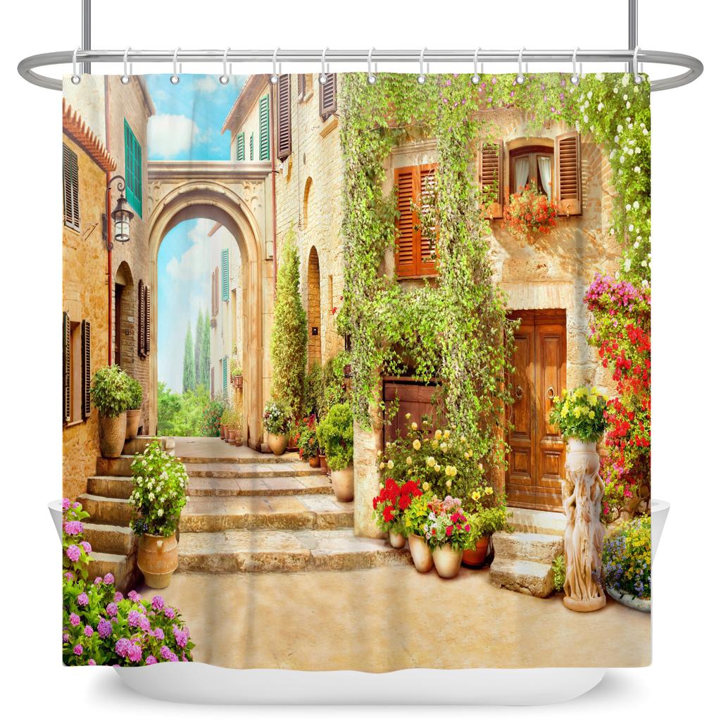 Venkovská krajina Sprchové závěsy Potok Kámen Lotos Buddha Koupelnový závěs Přírodní scenérie Vodotěsná Koupelna Domácí dekorace s háčky