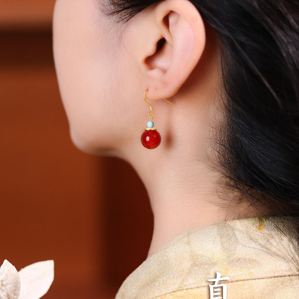 Jinhua Huaishan Natural Red Agate Earrings, Pure Silver Studs, Feng Shui Wealth-Attracting, New Chinese Style, Exquisite Earrings with a Sense of