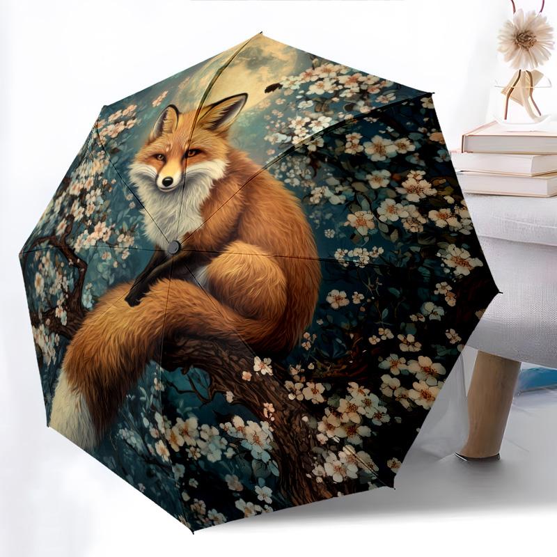 0106 Cherry Blossom Fox Pattern, Automatic Folding Umbrella, Portable and Foldable Design, 8 Ribs, a Christmas or Birthday Gift.