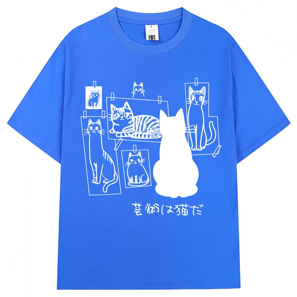 Japanese Funny Black Cat Anime Print T Shirt Men Women Fashion Vintage Harajuku T-shirts Oversized Cotton Casual T Shirts