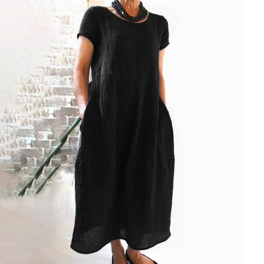 Women's Summer Fashion Casual Solid Color Short-sleeved Round Neck Pocket Loose Cotton And Linen Dress