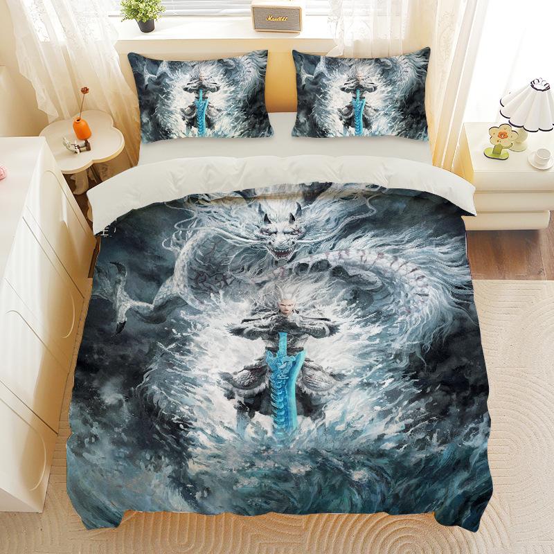 Nezha 2 Movie Three-piece Set Cartoon Quilt Cover Pillowcase Shen Gongbao Aobing Quilt Cover Sanded Pillowcase Bedding