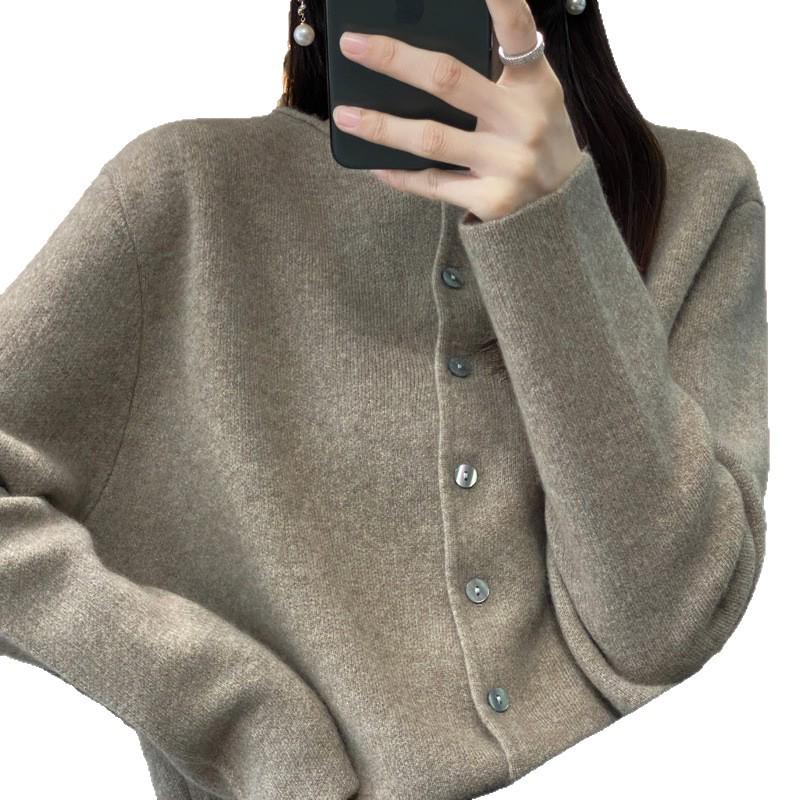 2025 Women's Autumn/Winter Slimming Wool Knit Cardigan - Round Neck, Rolled Edge, Solid Color Sweater Coat
